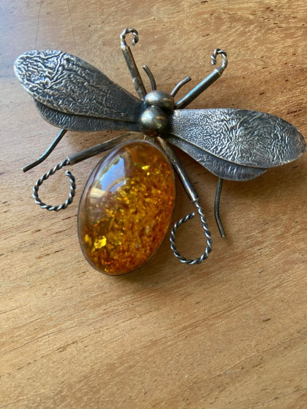 ENORMOUS Victorian Sterling SIlver Amber Bumble Bee Bug Brooch Pendant - Picture 5 of 6